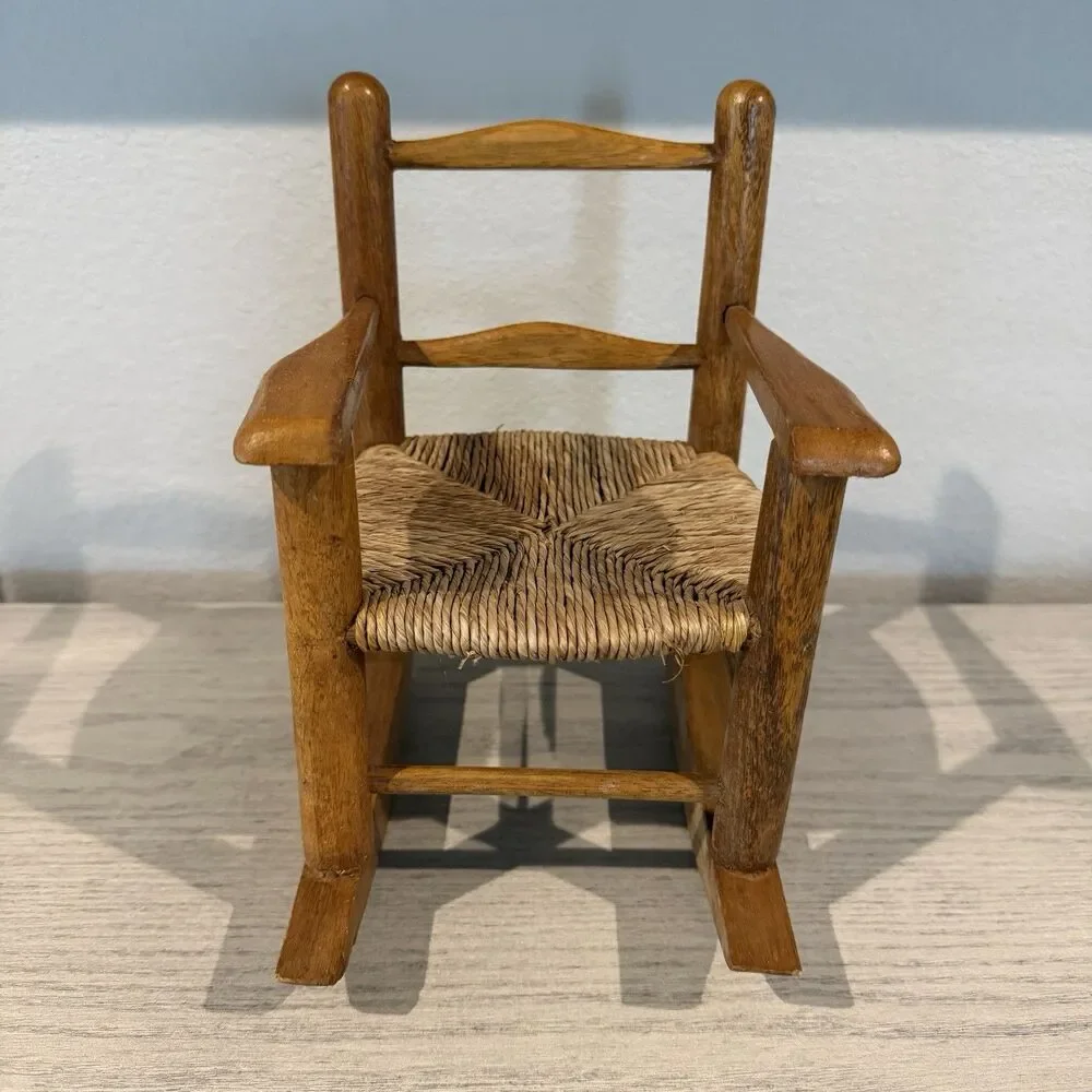 VINTAGE SMALL BROWN WOOD ROCKING CHAIR‎ HANDCRAFTED WICKER 9